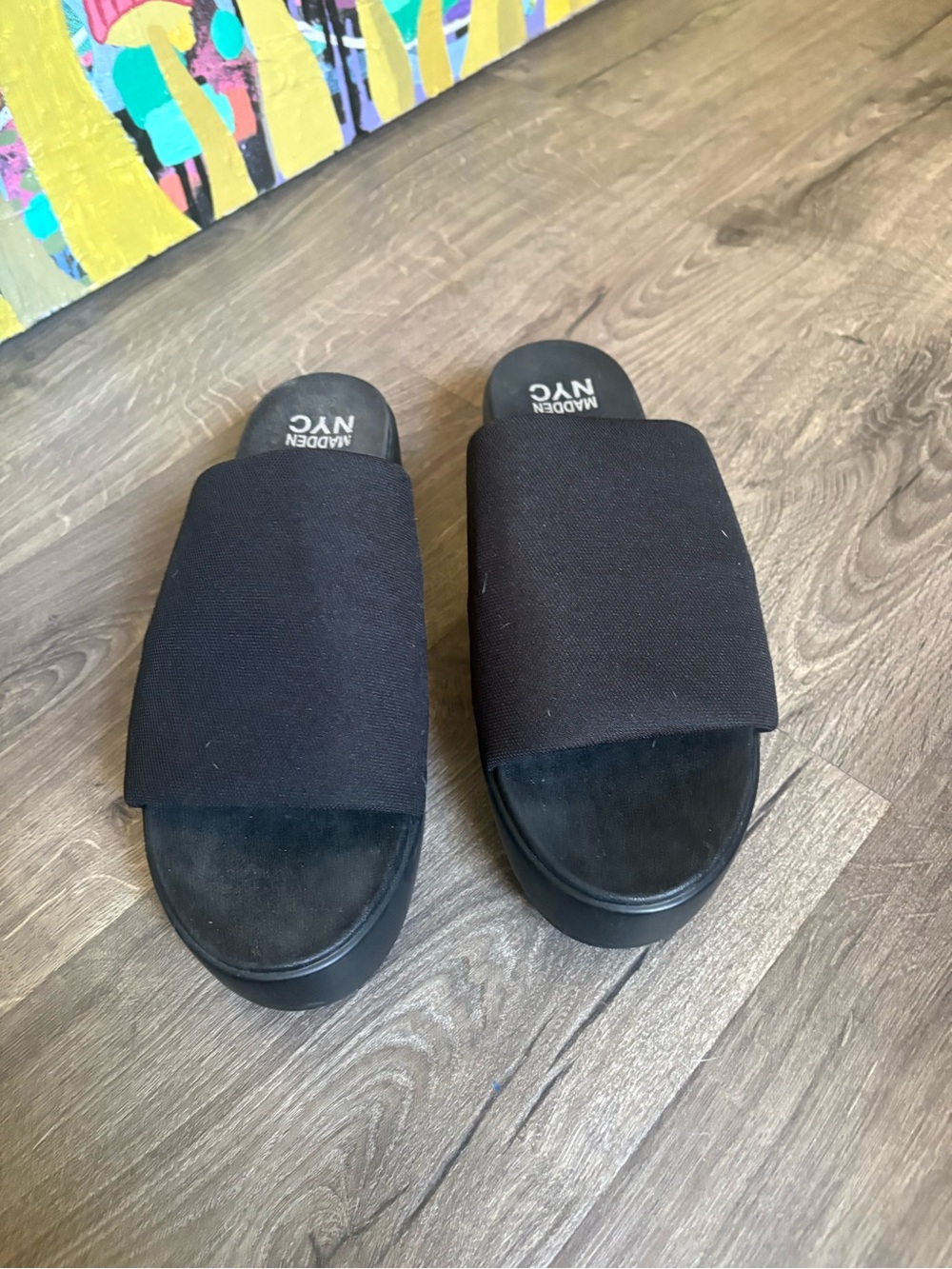 Madden NYC Women's Black Platform Slide Sandals